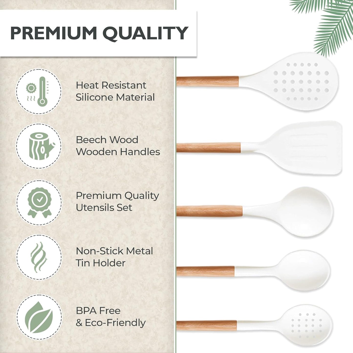 White Silicone Cooking Utensils Set Non Toxic - 11 Pcs Nonstick Kitchen Utensils Set with Holder - Heat-Resistant, BPA Free Spatula Set with Heat Resistant Wood Handles for Nonstick Cookware