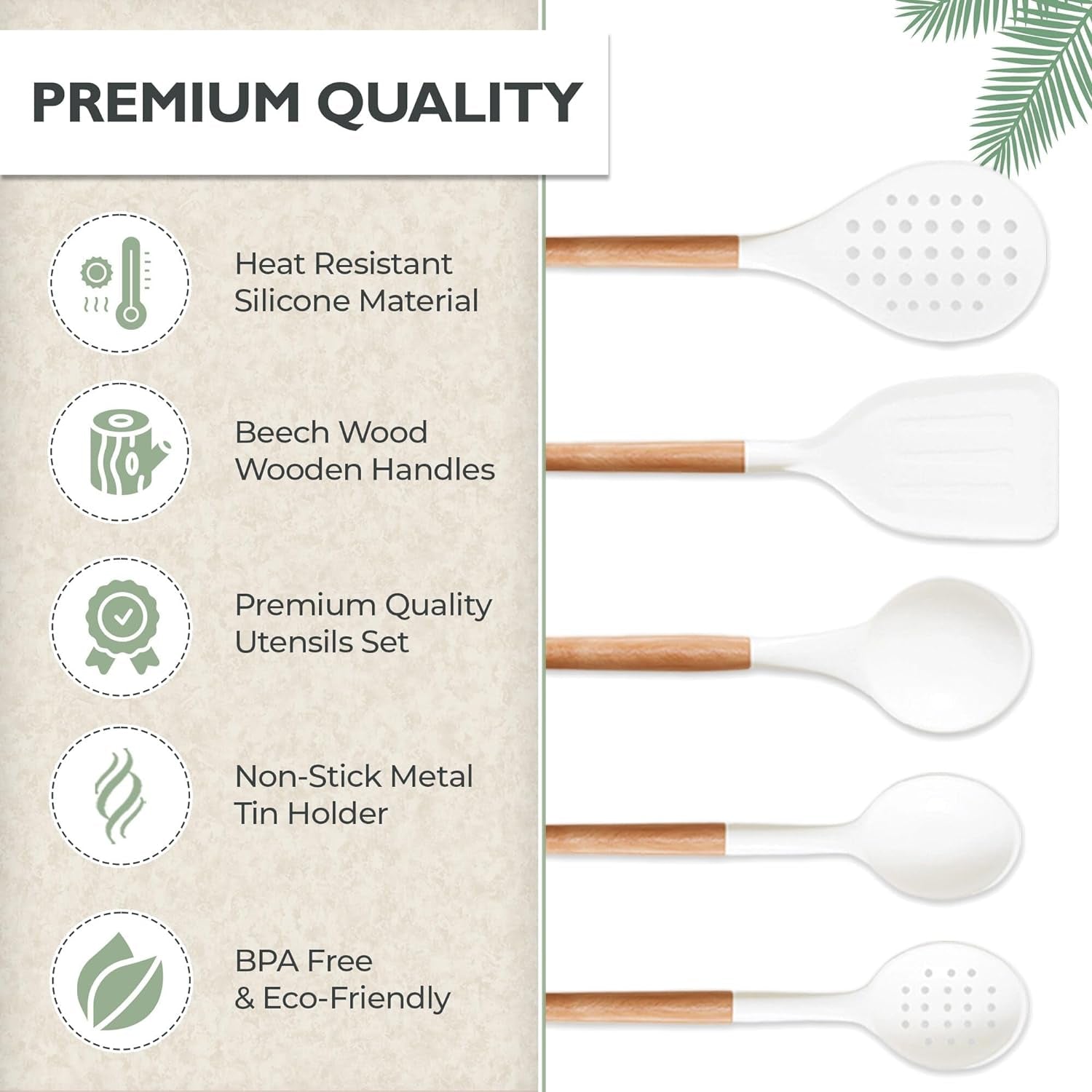 White Silicone Cooking Utensils Set Non Toxic - 11 Pcs Nonstick Kitchen Utensils Set with Holder - Heat-Resistant, BPA Free Spatula Set with Heat Resistant Wood Handles for Nonstick Cookware