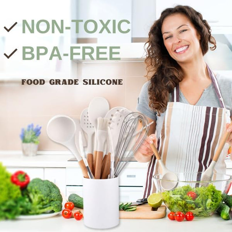 White Silicone Cooking Utensils Set Non Toxic - 11 Pcs Nonstick Kitchen Utensils Set with Holder - Heat-Resistant, BPA Free Spatula Set with Heat Resistant Wood Handles for Nonstick Cookware