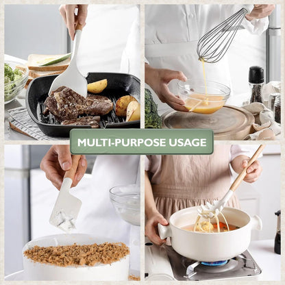 White Silicone Cooking Utensils Set Non Toxic - 11 Pcs Nonstick Kitchen Utensils Set with Holder - Heat-Resistant, BPA Free Spatula Set with Heat Resistant Wood Handles for Nonstick Cookware
