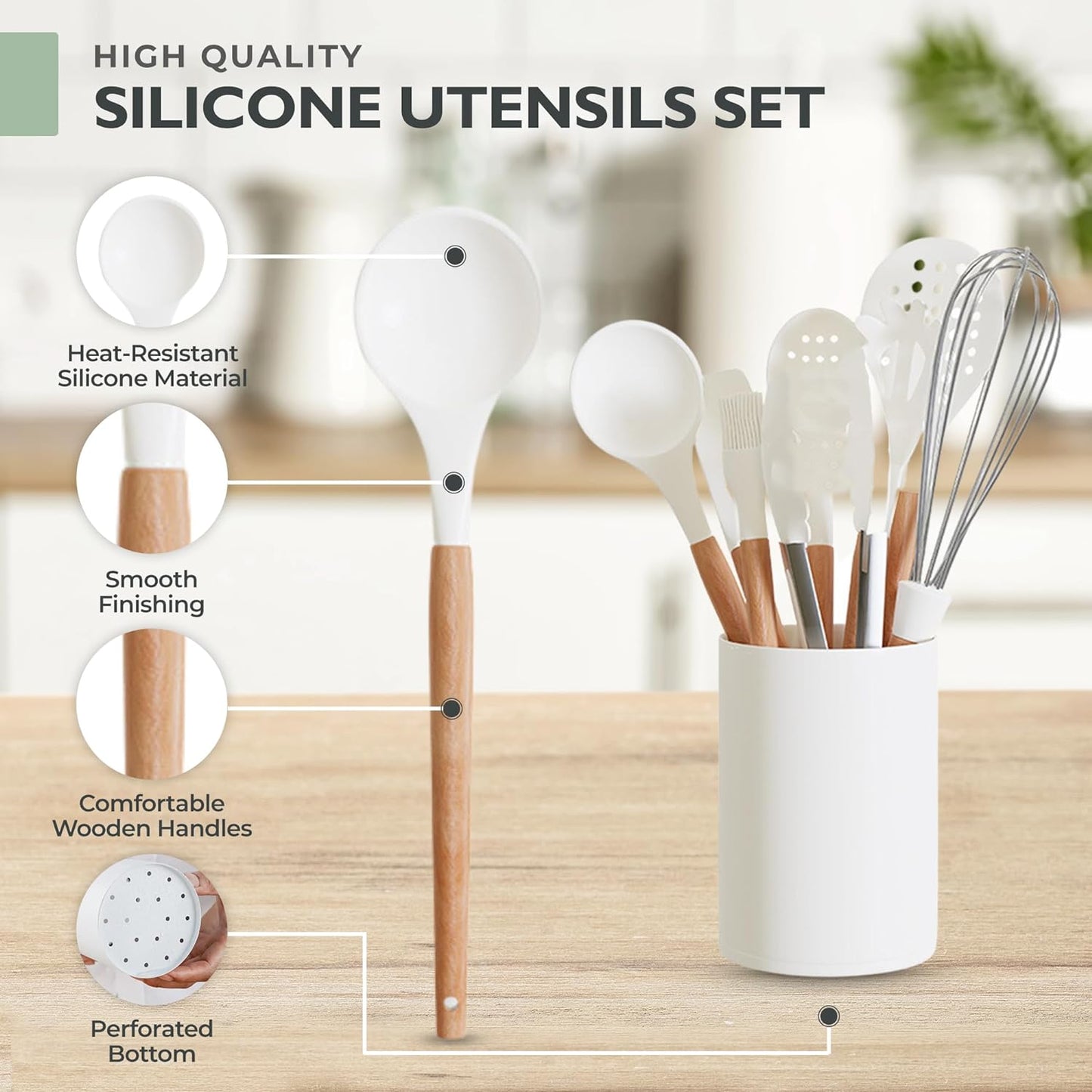 White Silicone Cooking Utensils Set Non Toxic - 11 Pcs Nonstick Kitchen Utensils Set with Holder - Heat-Resistant, BPA Free Spatula Set with Heat Resistant Wood Handles for Nonstick Cookware