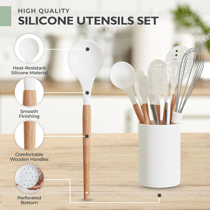 White Silicone Cooking Utensils Set Non Toxic - 11 Pcs Nonstick Kitchen Utensils Set with Holder - Heat-Resistant, BPA Free Spatula Set with Heat Resistant Wood Handles for Nonstick Cookware