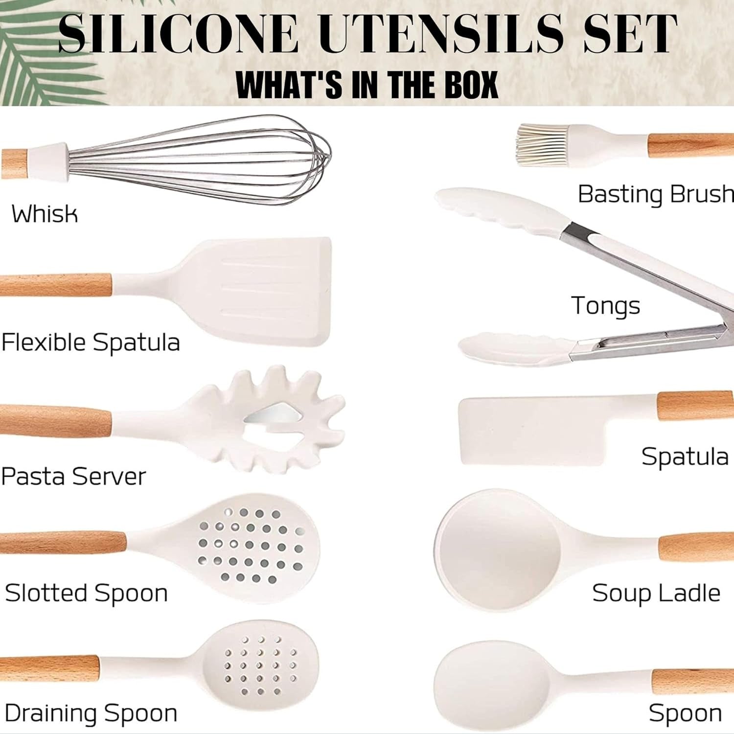 White Silicone Cooking Utensils Set Non Toxic - 11 Pcs Nonstick Kitchen Utensils Set with Holder - Heat-Resistant, BPA Free Spatula Set with Heat Resistant Wood Handles for Nonstick Cookware