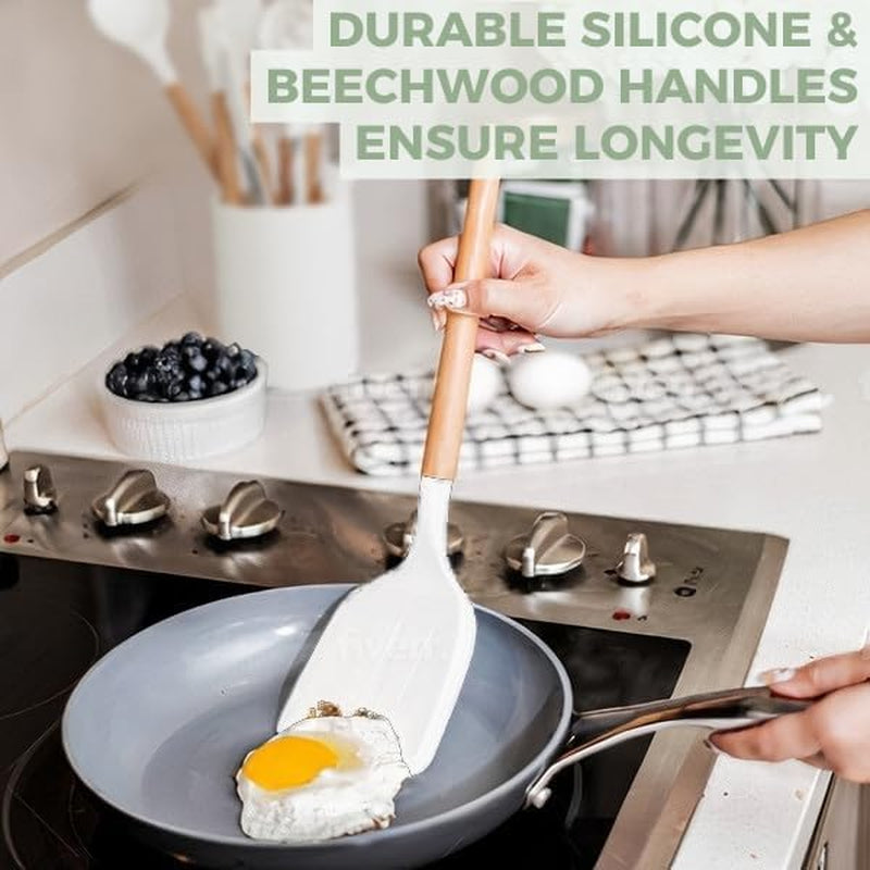 White Silicone Cooking Utensils Set Non Toxic - 11 Pcs Nonstick Kitchen Utensils Set with Holder - Heat-Resistant, BPA Free Spatula Set with Heat Resistant Wood Handles for Nonstick Cookware