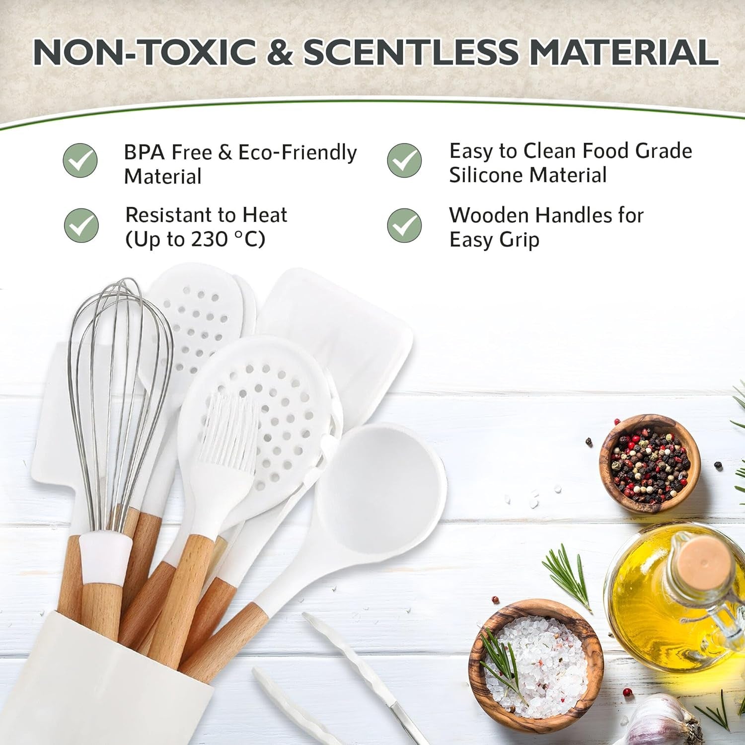 White Silicone Cooking Utensils Set Non Toxic - 11 Pcs Nonstick Kitchen Utensils Set with Holder - Heat-Resistant, BPA Free Spatula Set with Heat Resistant Wood Handles for Nonstick Cookware